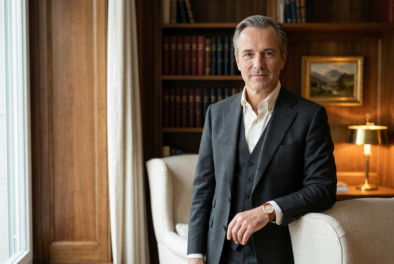 Silberstein Bank private banking client in a charcoal three-piece suit, walnut-panelled Zürich study